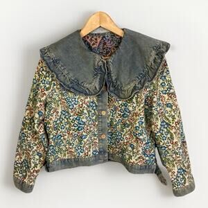 Blue Fire 2015 NWT Jean Jacket Womens S Boho Floral Shawl Collar Festival Hippie
